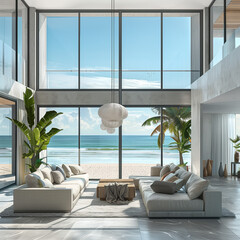 modern living room interior design of a modern beach house with a wide glass window and a sea view  - 778846673