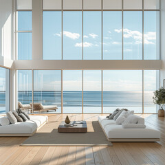 modern living room interior design of a modern beach house with a wide glass window and a sea view  - 778846674