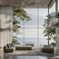 modern living room interior design of a modern beach house with a wide glass window and a sea view  - 778846678