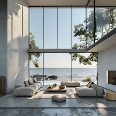 modern living room interior design of a modern beach house with a wide glass window and a sea view  - 778846692