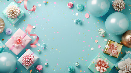 Photo of birthday party background with gifts. Web banner with space for text