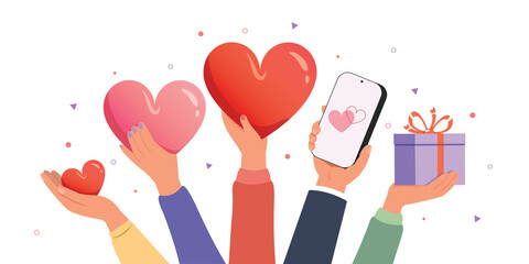 Hands holding a heart and giving love to people. Charity and donation hands with heart concept.