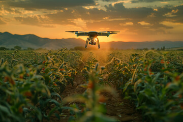 drone that flies above the agricultural crop and checks the humidity and condition of the soil and also of the vegetative crop. - obrazy, fototapety, plakaty
