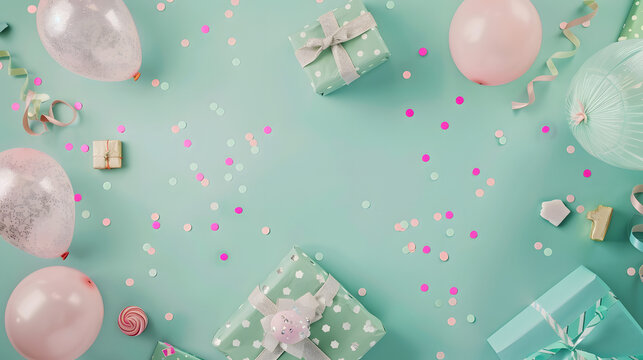 Photo of birthday party background with gifts. Web banner with space for text