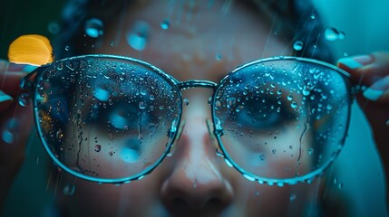 Close shot of a woman hand holding an eyeglass and got wet in rain with a big space for text or product advertisement, Generative AI.
