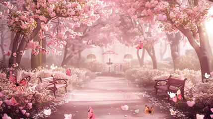 Pink mood in a spring garden landscape with cherry blossoms and butterflies