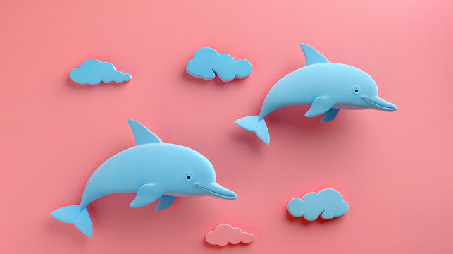 Pink clouds depicted as blue dolphins in the sea