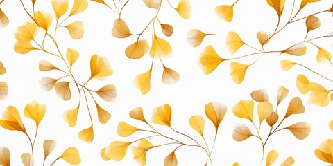 Gold flower petals and leaves on white background seamless watercolor pattern spring floral backdrop