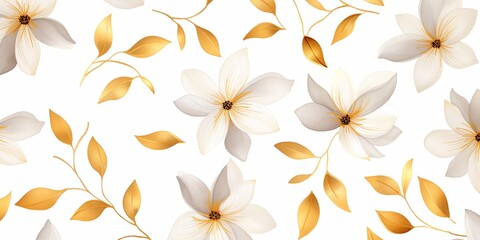 Gold flower petals and leaves on white background seamless watercolor pattern spring floral backdrop