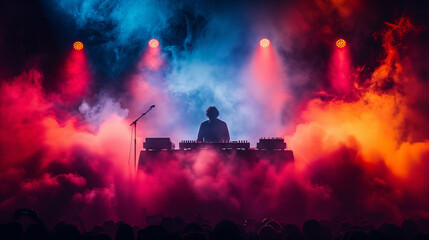 Silhouette of a DJ performing at a live concert with vibrant pink and blue stage lights and...