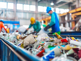 Sorting recyclables on a conveyor belt against the background of workers - obrazy, fototapety, plakaty