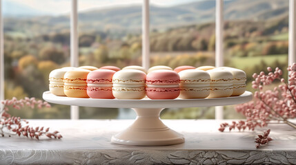 Assorted macarons on a white cake stand by a window with a scenic view of rolling hills, conveying a cozy, elegant atmosphere suitable for culinary or lifestyle themes.