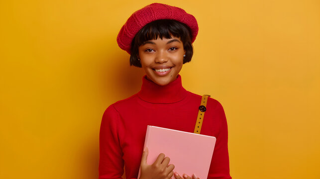 Teenage girl in a beret holding a pink album, isolated on a yellow background with copy space area for your text message or promotion