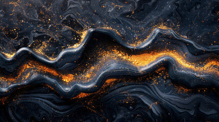 A luxurious glossy black background with a fluid, viscous texture reminiscent of thick oil or enamel, with swirls and swirls. Background. Texture.  - obrazy, fototapety, plakaty