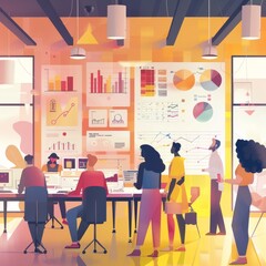 A dynamic illustration of a diverse team engaged in data analysis with interactive graphs and charts in a bright, modern office setting.