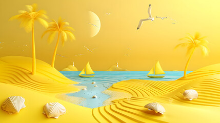 Fototapeta na wymiar Yellow setting in a summer beach landscape with palm trees and seashells