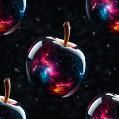 seamless pattern with a transparent apple with the universe inside on dark background to use as texture for packaging, fabric, wallpaper, clothing