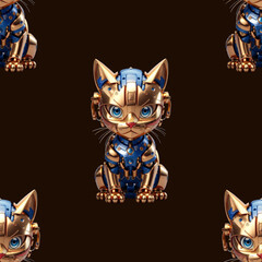 seamless pattern with golden cybernetic robot cat with blue eyes on dark background to use as texture for packaging, fabric, wallpaper, clothing