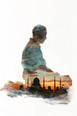 double exposure image of a mosque and muslim prayer. Generative Ai