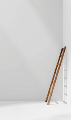 Sleek wooden ladder against a modern light grey wall.