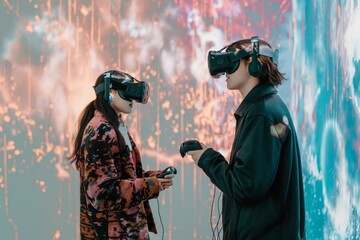Two people engrossed in a virtual reality simulation with colorful digital background.