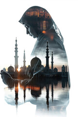 double exposure image of a mosque and muslim prayer. Generative Ai - obrazy, fototapety, plakaty