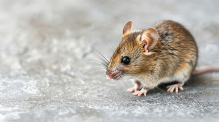 Close-up of a small, cute mouse on a textured grey floor background background.
