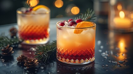   A close-up of an orange slice and pine cone on a glass rim - obrazy, fototapety, plakaty