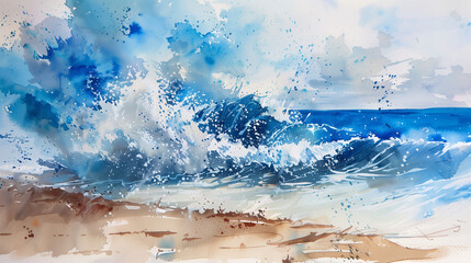 Abstract watercolor interpretation of waves crashing on a beach