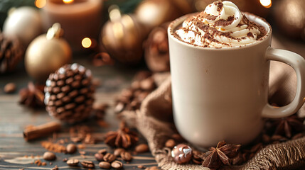 Cozy winter beverage concept with a mug of hot chocolate topped with whipped cream and chocolate shavings, surrounded by coffee beans, pine cone, and festive ornaments on a wooden table.