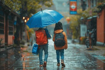 Portrait of two school kids are walking under umbrella during rain with a blurry road side view and big space for text or product, Generative AI