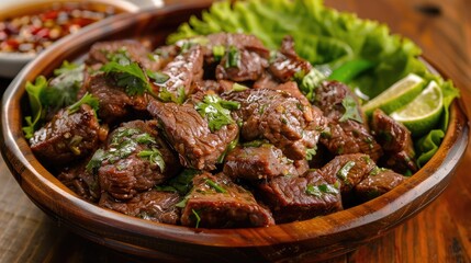 Beef Bourguignon with herbs and lime on wooden background