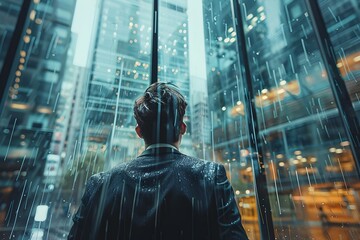 Businessman in Suit Admiring Rainy City View from Corporate Skyscraper Window