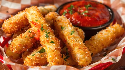 Breaded cheese sticks with tomato sauce. Selective focus.