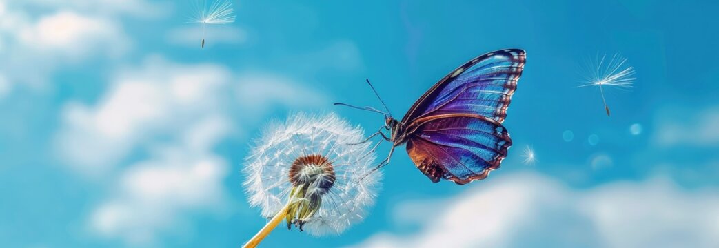 Fototapeta A blue butterfly on the white dandelion flower, flying in front of the sky background.