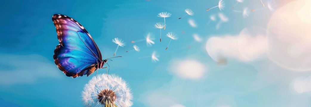 Fototapeta A blue butterfly on the white dandelion flower, flying in front of the sky background.