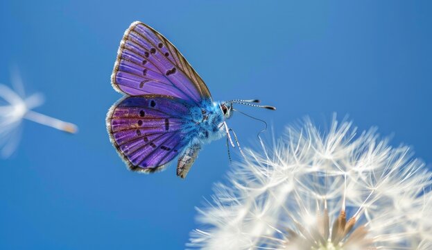 A blue butterfly on the white dandelion flower, flying in front of the sky background.