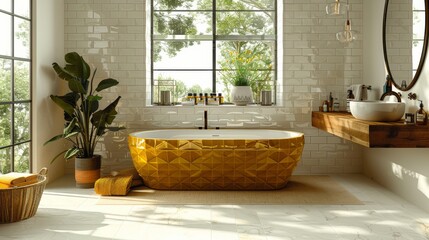   A spacious bathroom featuring a large yellow tub at its center and a lush potted plant gracing one of the corners