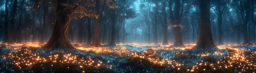 Hyper realistic portrayal of a bioluminescent forest at midnight - obrazy, fototapety, plakaty