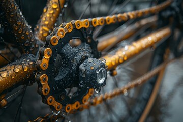 Bicycle chain and gears raindrops clinging