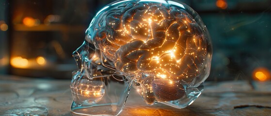 Brain sections within a crystal clear glass skull neural pathways illuminated - obrazy, fototapety, plakaty