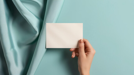 Fototapeta premium Hand holding blank card on teal fabric.
