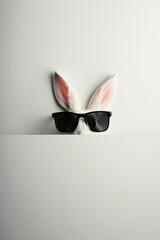 Cute white rabbit wearing sunglasses peeking out from behind a wall against a black background