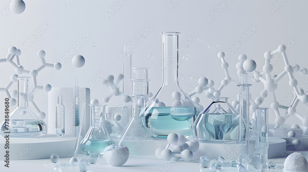 Poster a 3d composition of science beakers, molecules and microscope slides on a clean white background, wi