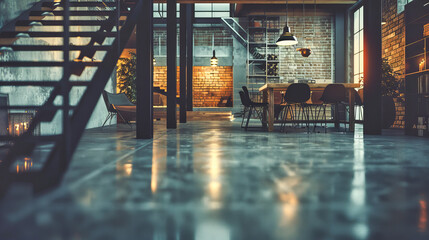 Modern Industrial Style Cafe, Sleek Furniture with Wooden and Black Accents in Urban Setting