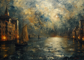 Oil painting, port city --ar 139:100 --stylize 750