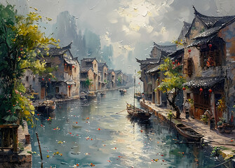 Oil painting, port city --ar 139:100 --stylize 750