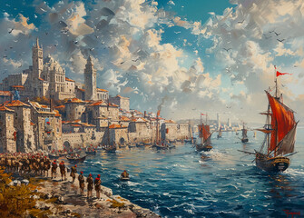 Oil painting, port city --ar 139:100 --stylize 750
