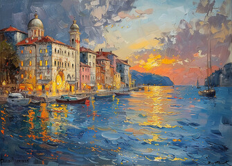 Oil painting, port city --ar 139:100 --stylize 750