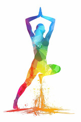 Yoga fitness practise with physical postures exercise for wellness health and meditation shown in a colourful abstract watercolour painting for use as a poster or flyer, stock illustration image - obrazy, fototapety, plakaty